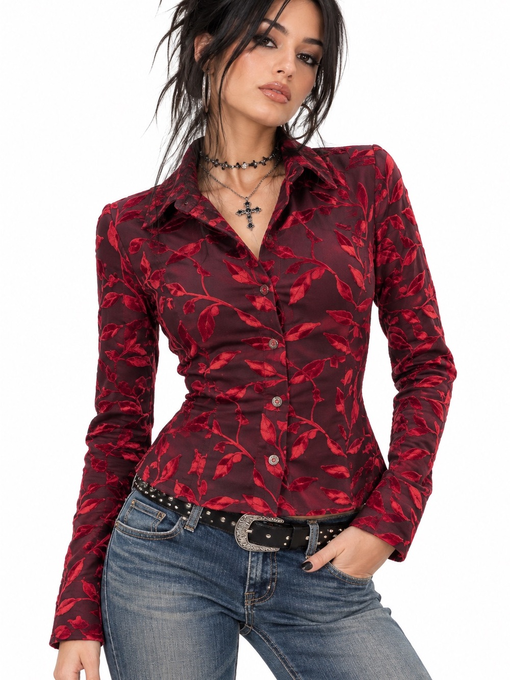 VTG 90s Y2K Burgundy Button-Down Shirt with Red Leaf Jacquard Whimsigoth